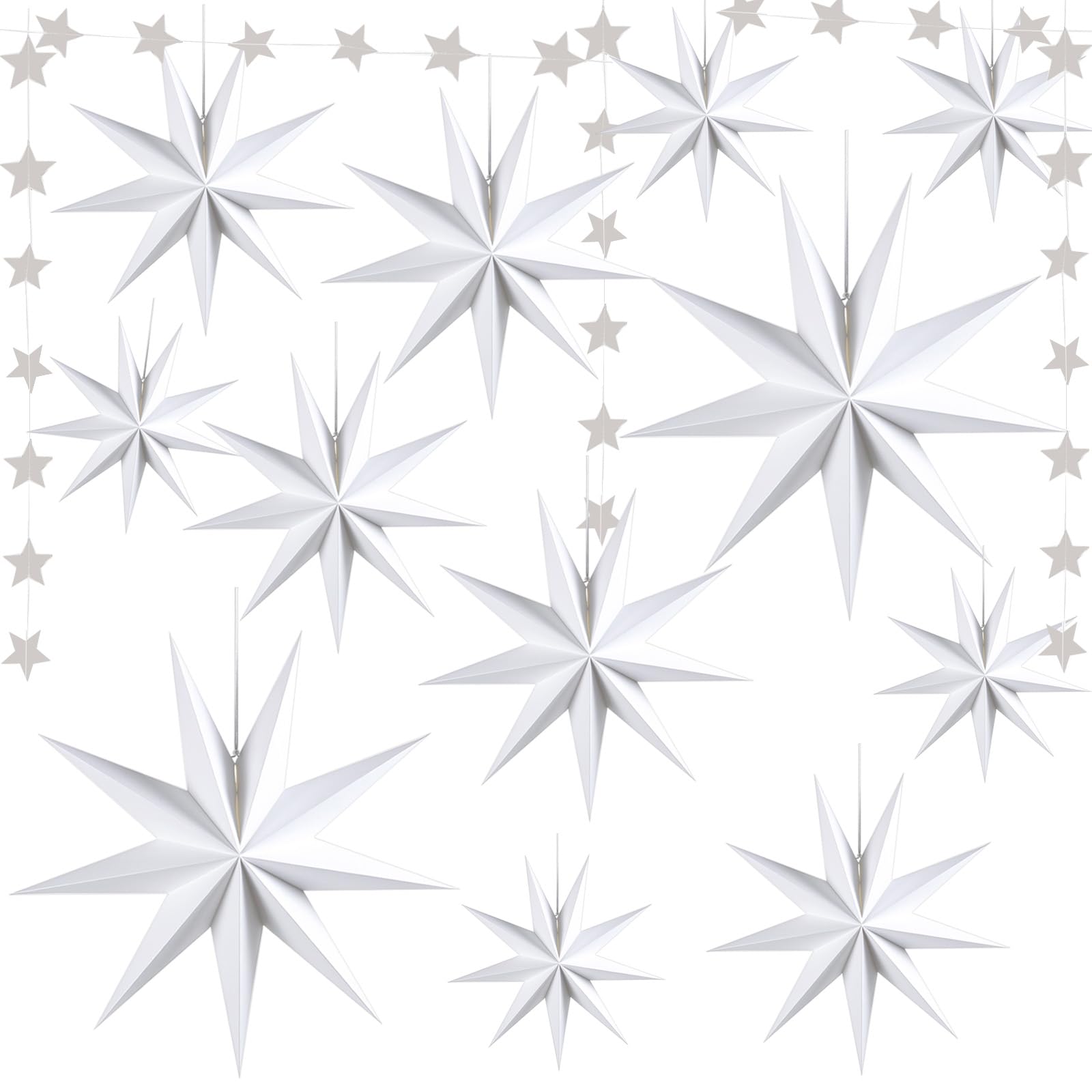 Photo 1 of WNSIRVY 12 Pack 9-Pointed Large 3D Paper Star Lanterns with Star Garland Hanging Lanterns Lampshade for Themed Party, Home Wedding, Birthday Decorations (White)