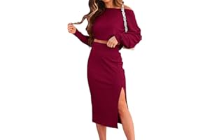 dowerme Women's 2 Piece Outfits 2025 Fall Long Sleeve Crop Tops Slit Bodycon Ribbed Knit Midi Skirt Sets Lounge Wear