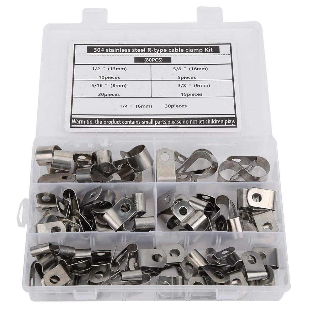 R-Type Clip, 80PCs Stainless Steel R-Type Clip Cable Clamp Kit, 6-16mm, Wire Clips Organizer Fastener, for Management and Repairing of Wires, Cables, Pipes, Racks, Balck