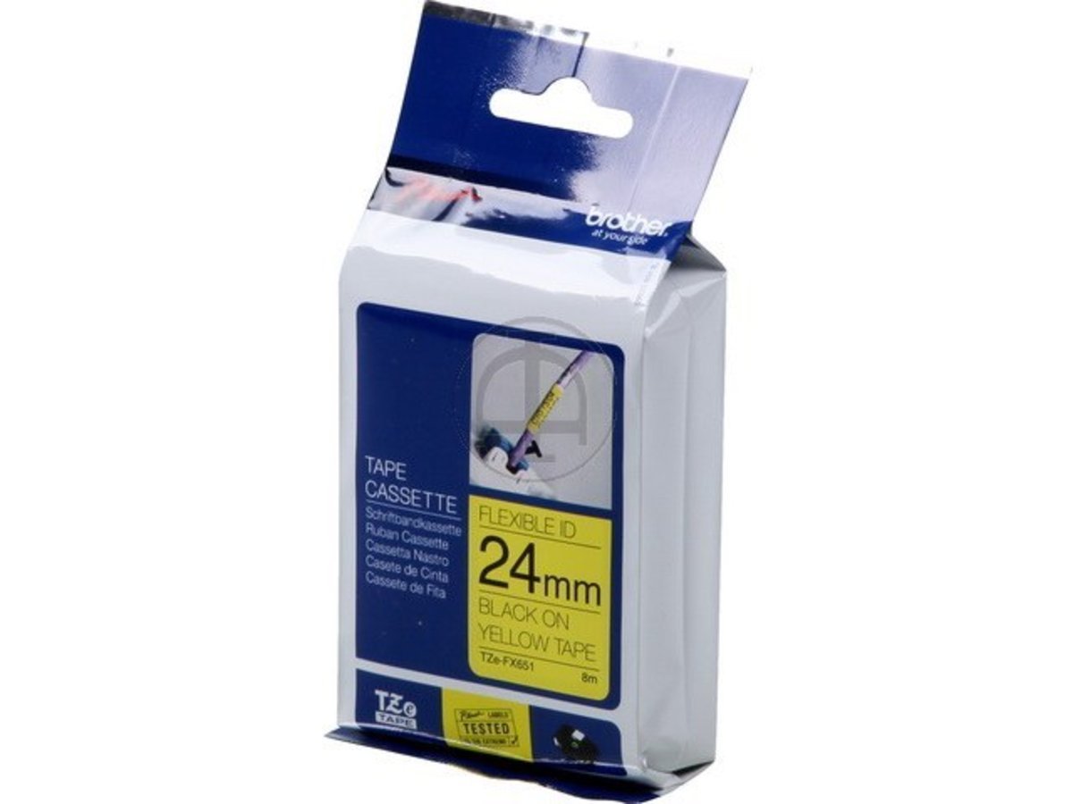 Brother TZe-FX651 Labelling Tape Cassette, Black on Yellow, 24mm (W) x 8M (L), Flexible ID, Brother Genuine Supplies