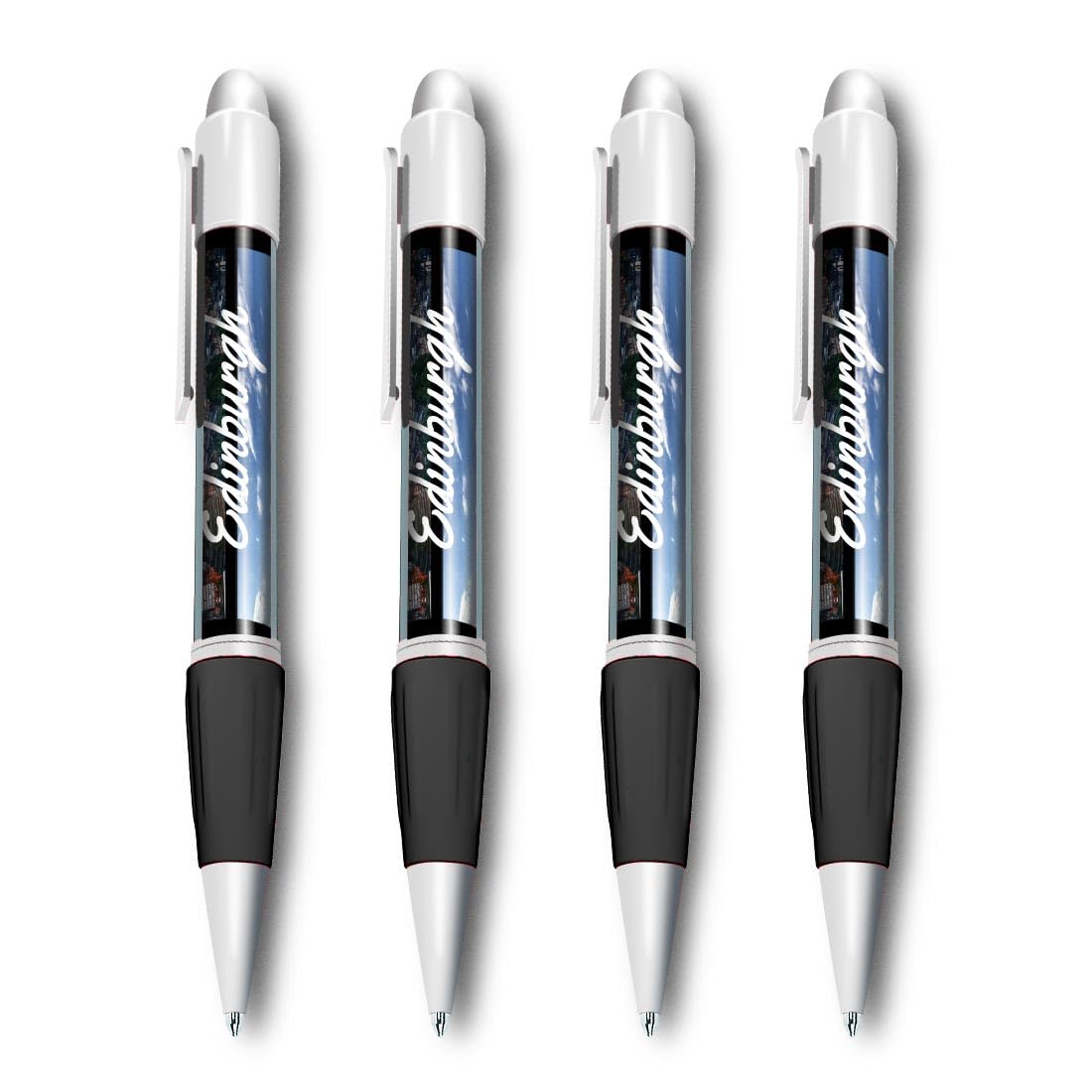 Set of 4 White Ballpoint Pens (Photo Insert) - Edinburgh Scotland UK Travel - Soft Feel Finger Grip #63085
