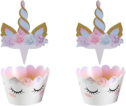 Amosfun Unicorn Cupcake Toppers And Wrappers Kit Unicorn Party Supplies Happy Birthday Party Cake Decoration 24pcs Amazon Ca Toys Games