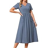 Seta T Women's Linen Dress Summer Short Sleeve V Neck Boho Sundress Casual Loose Flowy Beach Midi Dresses