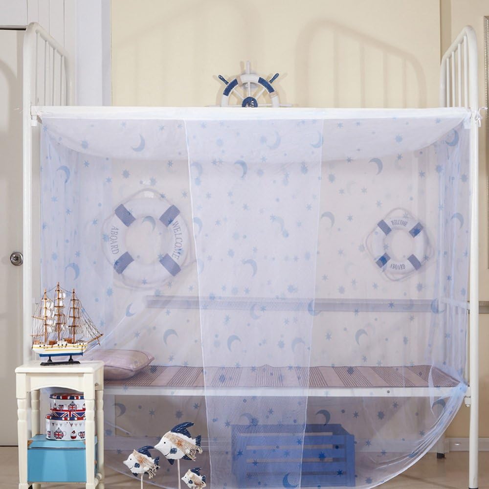 Mosquito Net Bed Canopy | Fly Screen Netting | Luxury Lace 4 Post Bed Draperies for Boy | Moon Stars light Blue