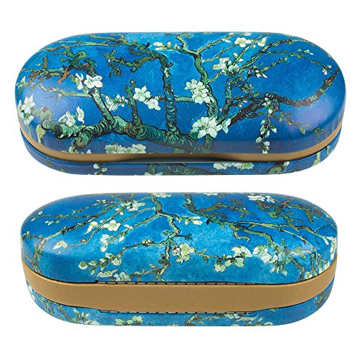 Dual Glasses and Contacts Case - Double Sided 2 in 1 Clamshell Hard Case for Eyeglasses and Contact Lenses with Mirror - Blue with Tree Print and Matte Finish - By OptiPlix