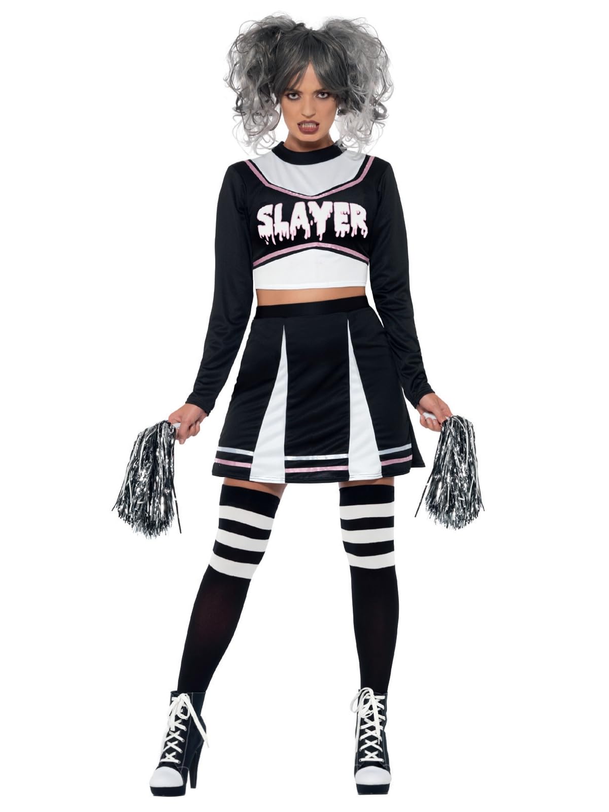 Smiffys Fever Gothic Cheerleader Costume, Black with Crop Top, Skirt & Pom Poms, Fever Fancy Dress, Halloween Dress Up Costumes