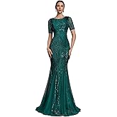 BluePlum Maxi Formal Dress with Short Sleeve, Sequin Embroidery & Patchwork Mesh, Mermaid Evening Gown for Party & Prom