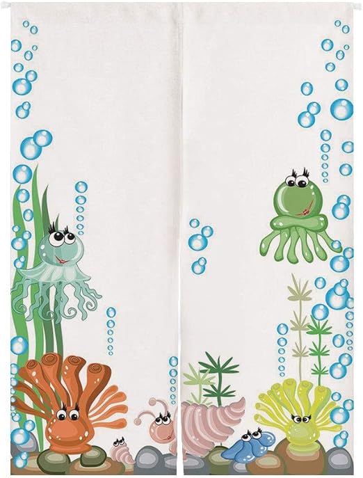 Amazon クラゲ 和風 風景のれん 幅72丈0cm 貝殻タコ石水族館水泡面白い漫画イラスト 暖簾 おしゃれ 北欧 プレゼント 贈り物 ブルーグリーンイエロー のれん オンライン通販