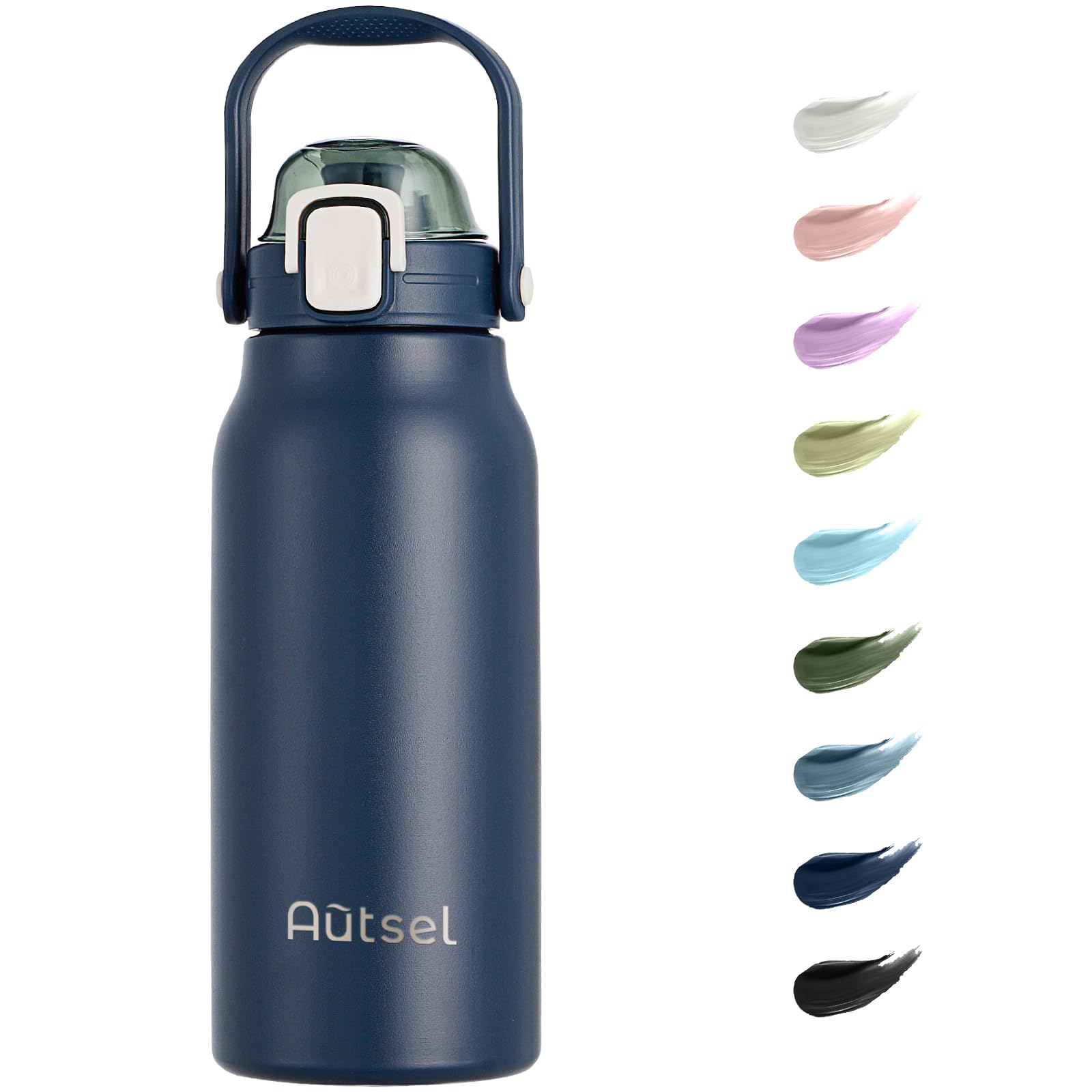 Autsel 1.7L Stainless Steel Water Bottle with Straw - Large Metal Flask with Handle - Double Walled Insulated Sports Bottle - Leakproof for Gym Sports, Navy Blue — image 1