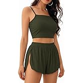 OYOANGLE Women's 2 Piece Pajama Set Ribbed Knit Cami Crop Top and Side Split Shorts Set Pjs Sleepwear