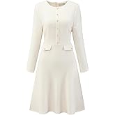 Hobemty Women's Tweed Dress Long Sleeve Crew Neck Vintage Work Office Flare A-Line Dresses