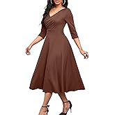 Nmoder Women's Casual Wrap Flared Midi Dress Wedding Guest Cocktail Tea Dresses A-Line Swing V-Neck 3/4 Sleeve