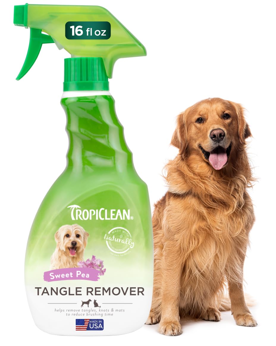 TropiClean Dog Detangler Spray Grooming Supplies - Dematting - No-Rinse Formula - Leave In Conditioner - Derived From Natural Ingredients - Used By Groomers - Sweet Pea, 473ml