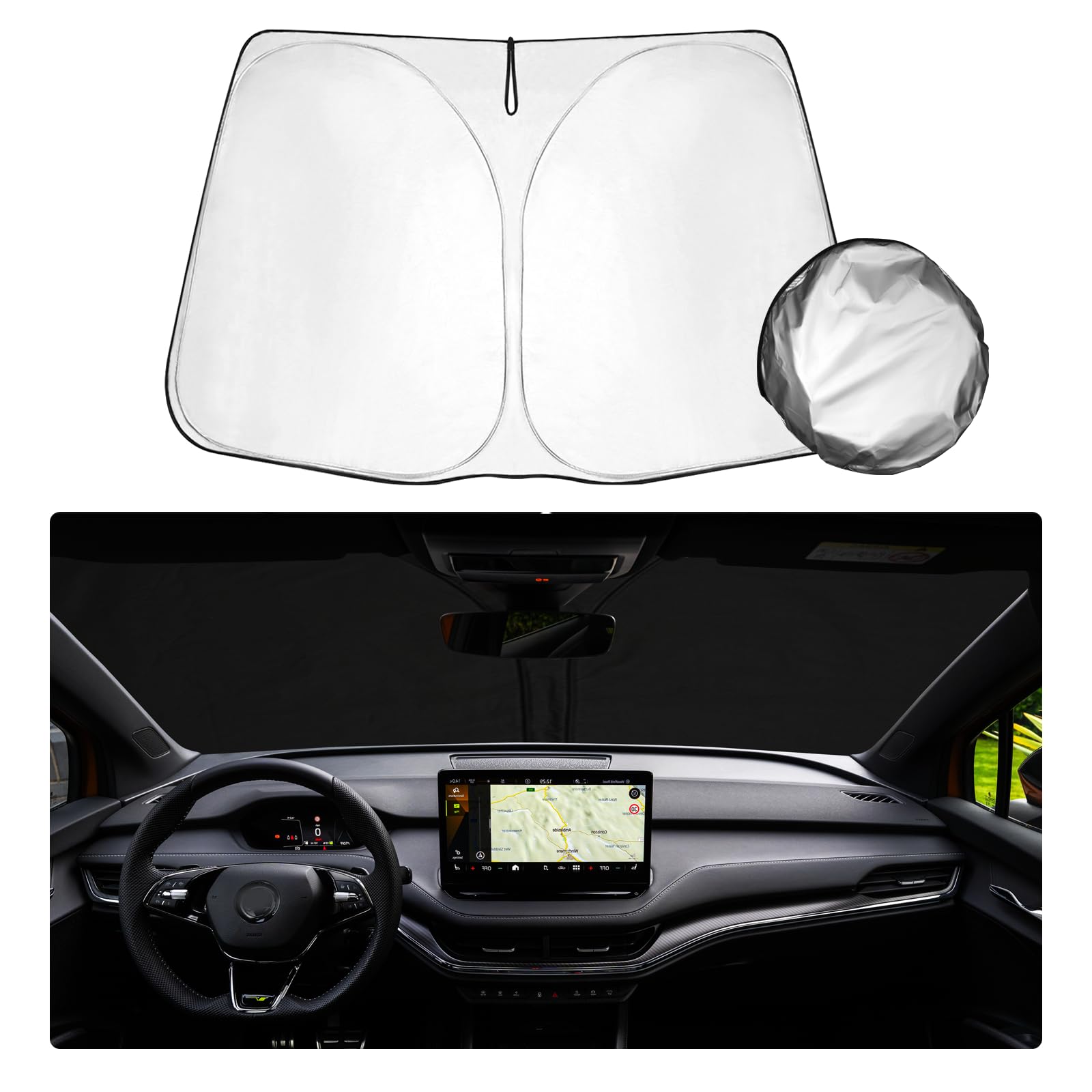 SHAOHAO Compatible with Skoda Enyaq iV RS 2021 2022 2023 2024 Sun Visor Silver Coated Fabric Foldable Sun Visor, UV and Heat Protection Sun Visor, Windscreen Enyaq iV