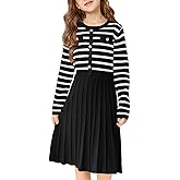Haloumoning Girls Sweater Dress Knit Long Sleeve Striped A Line Pleated Fall Winter Dresses 5-14 Years