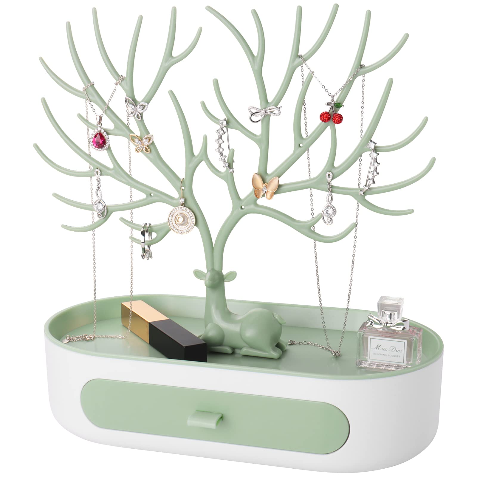 penobon Antler Jewellery Organiser Stand with Drawer, Plastic 3 in 1 Jewellery Holder for Earrings Necklaces Bracelets and Ring