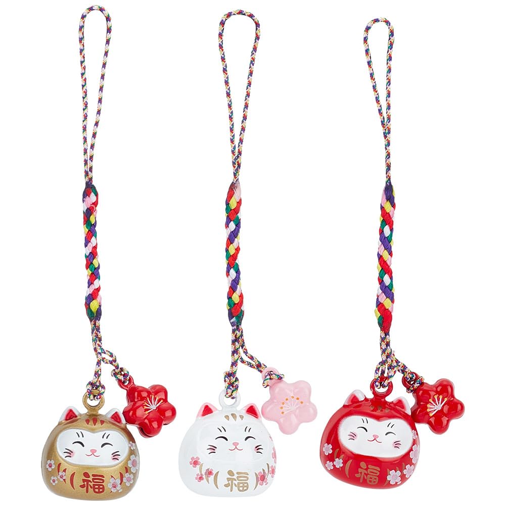 WEBEEDY 3 Colors Lucky Cat Hanging Ornament Phone Charm Cherry Blossom Bell Charms Cute Maneki Neko Cat Japanese Omamori Chinese Feng Shui Fortune Beckoning Cat for Keychain Handbag Backpack