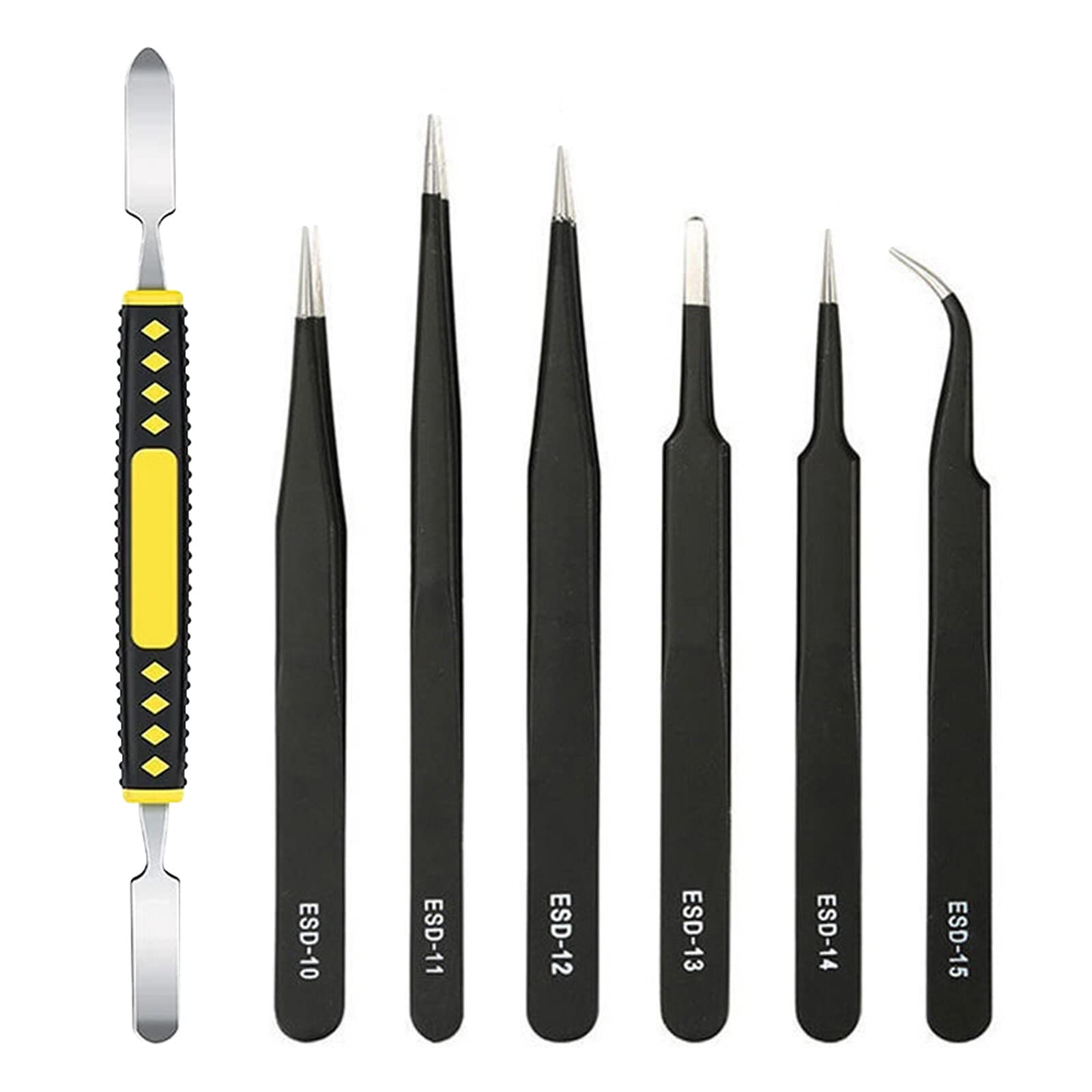 Cdemiy Precision Tweezers Set - 7 PCS ESD With Crowbar, Anti-Static Stainless Steel Craft, Magnetic Curved - Kit for Electronics, Jewelry, Handicraft, Laboratory