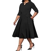 Runwind Plus Size Dresses, Women Casual Midi A-Line Swing Fit and Flare 3/4 Sleeve Wedding Guest Cocktail Church Dress