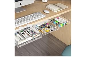 CAKTRAIE 3 Pack Under Desk Drawer Organizer, Slide Out Desk Drawer, Clear Plastic Drawer Under Desk for Office, School, Home, Hidden Desktop Organizer Pen Holder for Desk Self-Adhesive (Clear, 3 Size)