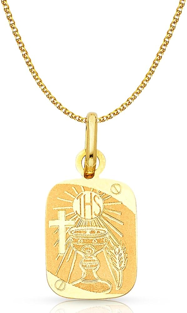 Cheaper Prices 14k Yellow Gold Communion Charm Pendant With 1 5mm Flat Open Wheat Chain Necklace We Supply The Best Gssf Com Kw