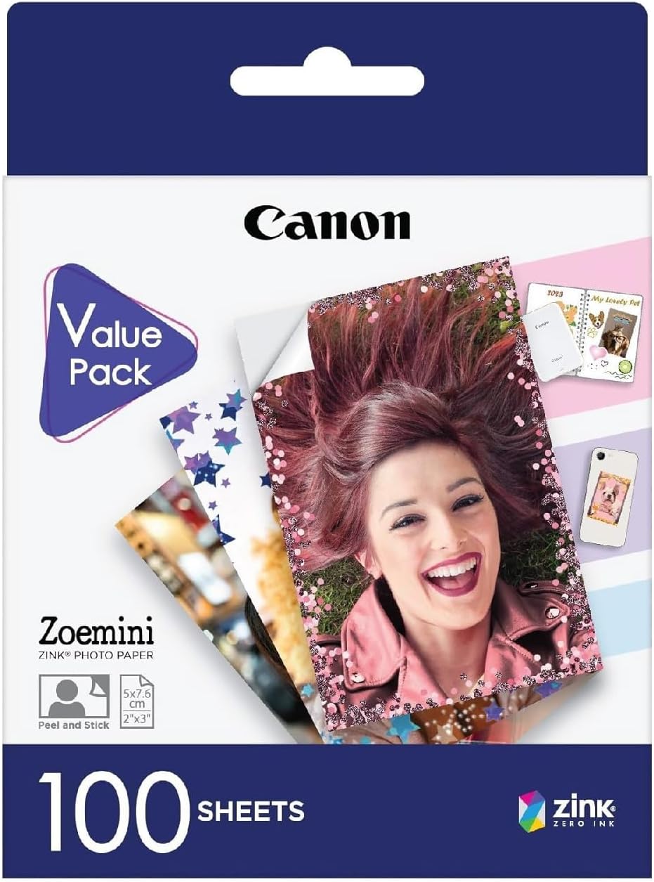 Canon ZINK Photo Paper 2x3 Sticky-Backed 100 Sheets 5x7.6cm Sticker Paper