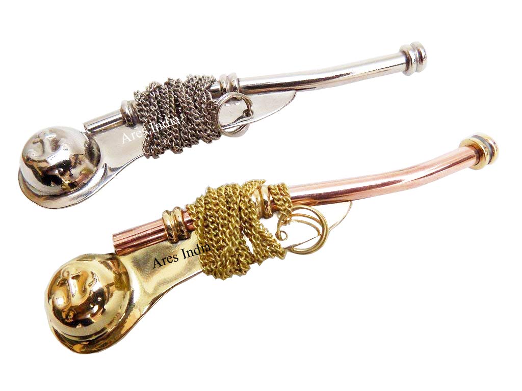 Ares India Brass Boatswain Whistle 5" With Chain Bosun Call Pipe Nautical - Set Of 2