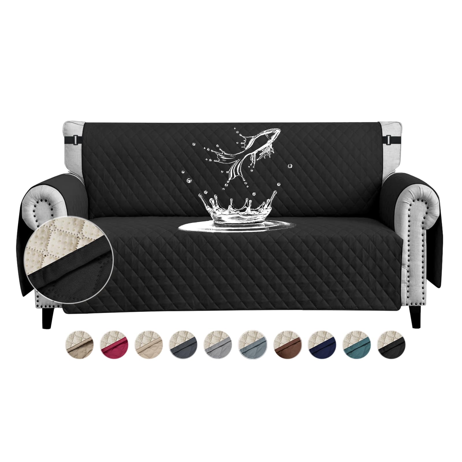 FIGOOO Sofa Covers Water Resistant Sofa Slipcovers 4 Seater Waterproof Anti-Slip Anti-Scratch Sofa Cover with Non Slip Elastic Straps for Dogs Cats Pets,Black