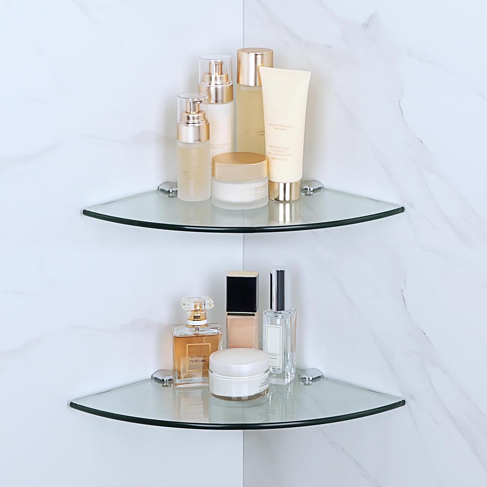 SAYAYO Glass Corner Shelf 2 Pack 250mm Tempered Glass with Chrome Brackets