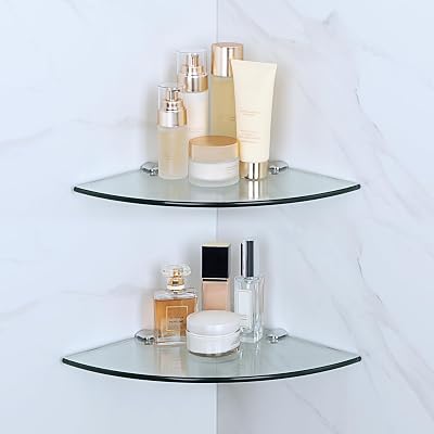 SAYAYO Glass Corner Shelf 2 Pack 250mm Tempered Glass with Chrome Brackets