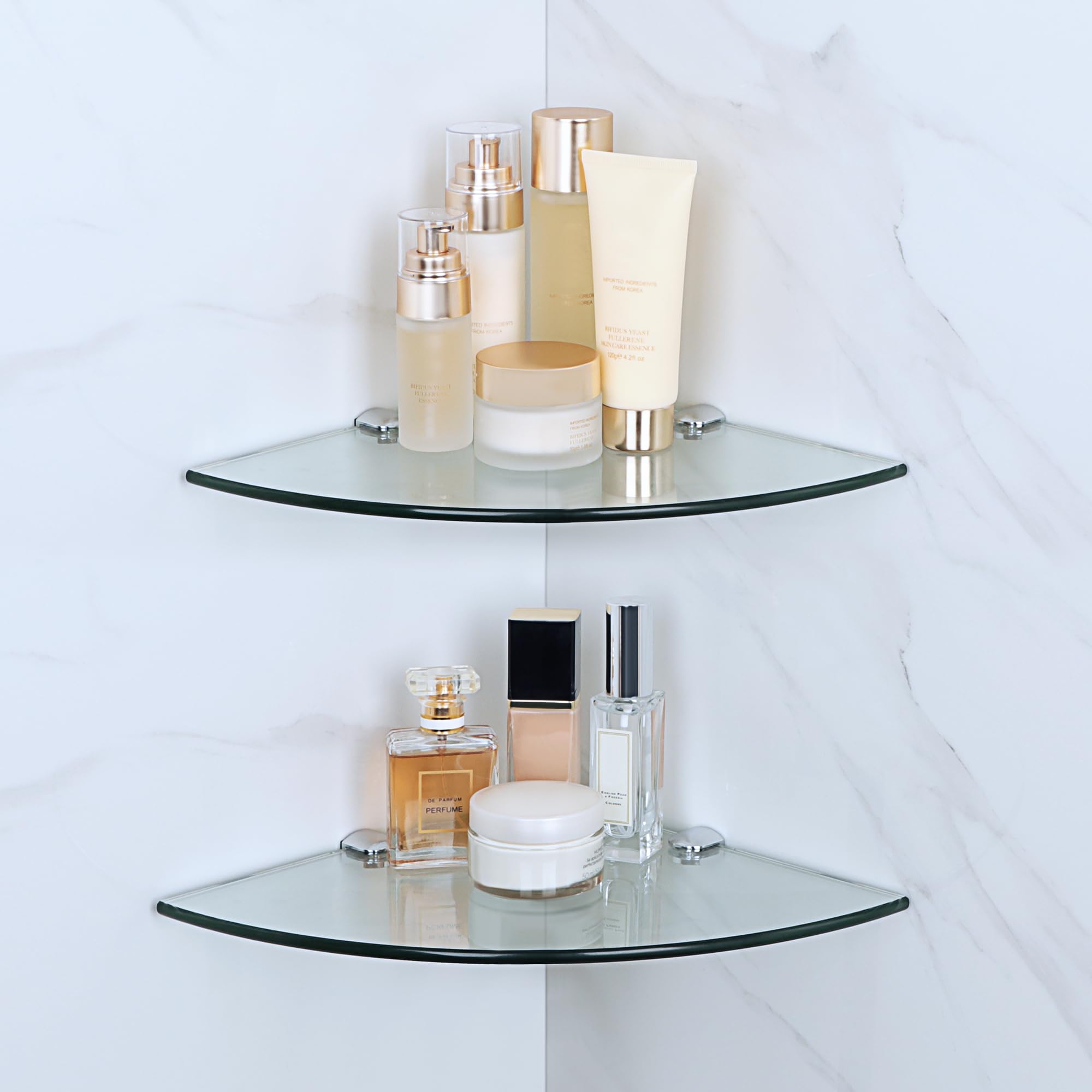 SAYAYO Glass Corner Shelf Bathroom Glass Shelf 2 Pack 250MM (7MM Thick) Tempered Transparent Glass with Chromed Shelf Brackets Wall Mounted, EGBL1012S-C-2P