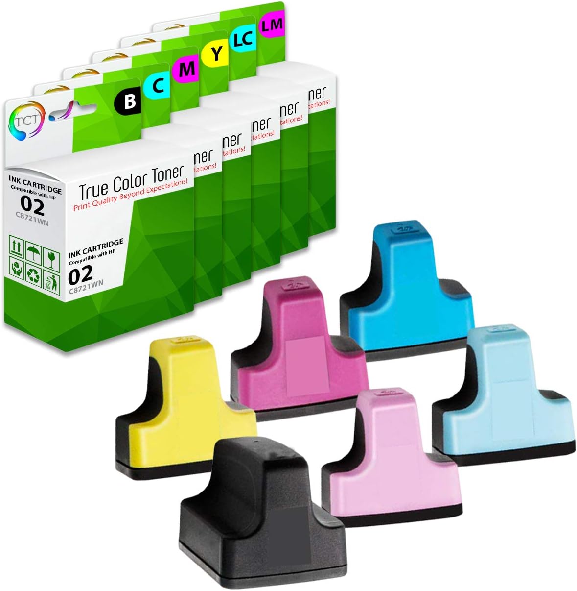 TCT Compatible Ink Cartridge Replacement for HP 02 Works with HP Photosmart 3110 3210 3210v 3210xi 3310 C5180 D7245 D7255 Printers (Black, Cyan, Magenta, Yellow, Light Cyan, Light Magenta) - 6 Pack