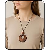 JWIGP Bohemian Wooden Circle Pendant Necklace for Women, Long Vintage Statement Layered Bead Necklace with Adjustable Cord, Artistic Chunky Jewelry for Casual Outfits
