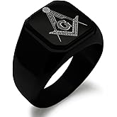 Tioneer Stainless Steel Signet Biker Rings for Men, Masonic Symbol Square Flat Top (Black, Gold, Silver), Size 7-16