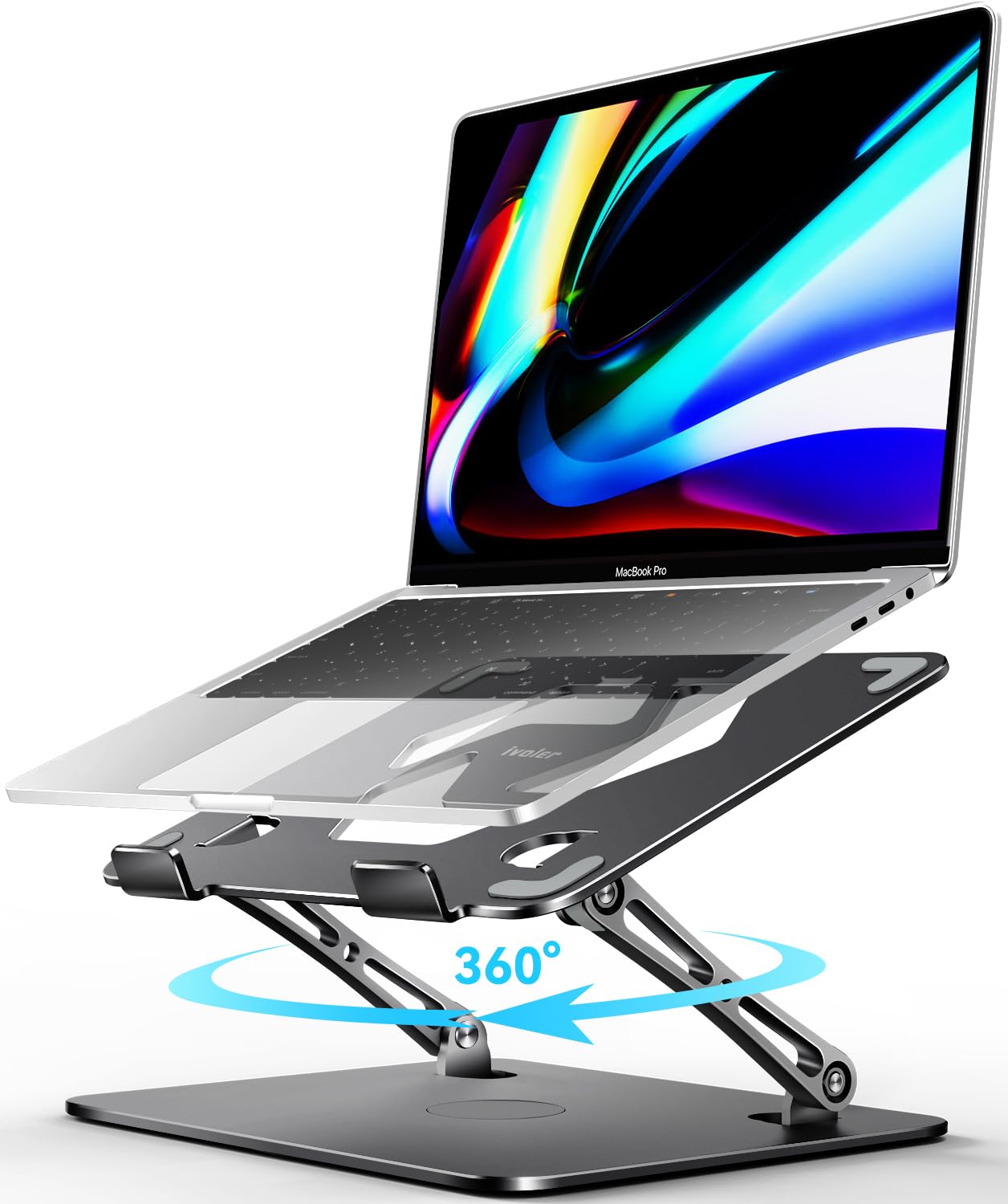 Photo 1 of ***MISSING PIECES*** ***READ CLERK NOTES*** ivoler Adjustable Laptop Stand with 360° Rotating Base, Ergonomic Laptop Stand for Desk, Foldable & Portable Laptop Riser, Suitable for Collaborative Work, Fit MacBook Laptops up to 16 inches[Black]