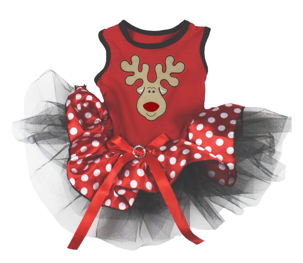 Petitebelle Reindeer Face Puppy Dog Dress (Red/Polka Dots, Small)