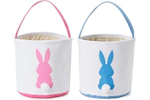 CHOIEO Easter Bunny Basket Easter Bucket Egg Hunt Basket for Kids, Canvas Rabbit Print Basket w. Fluffy Tail, Candy Egg Toy Easter Basket Tote w. Handle (Pink New+Blue New)