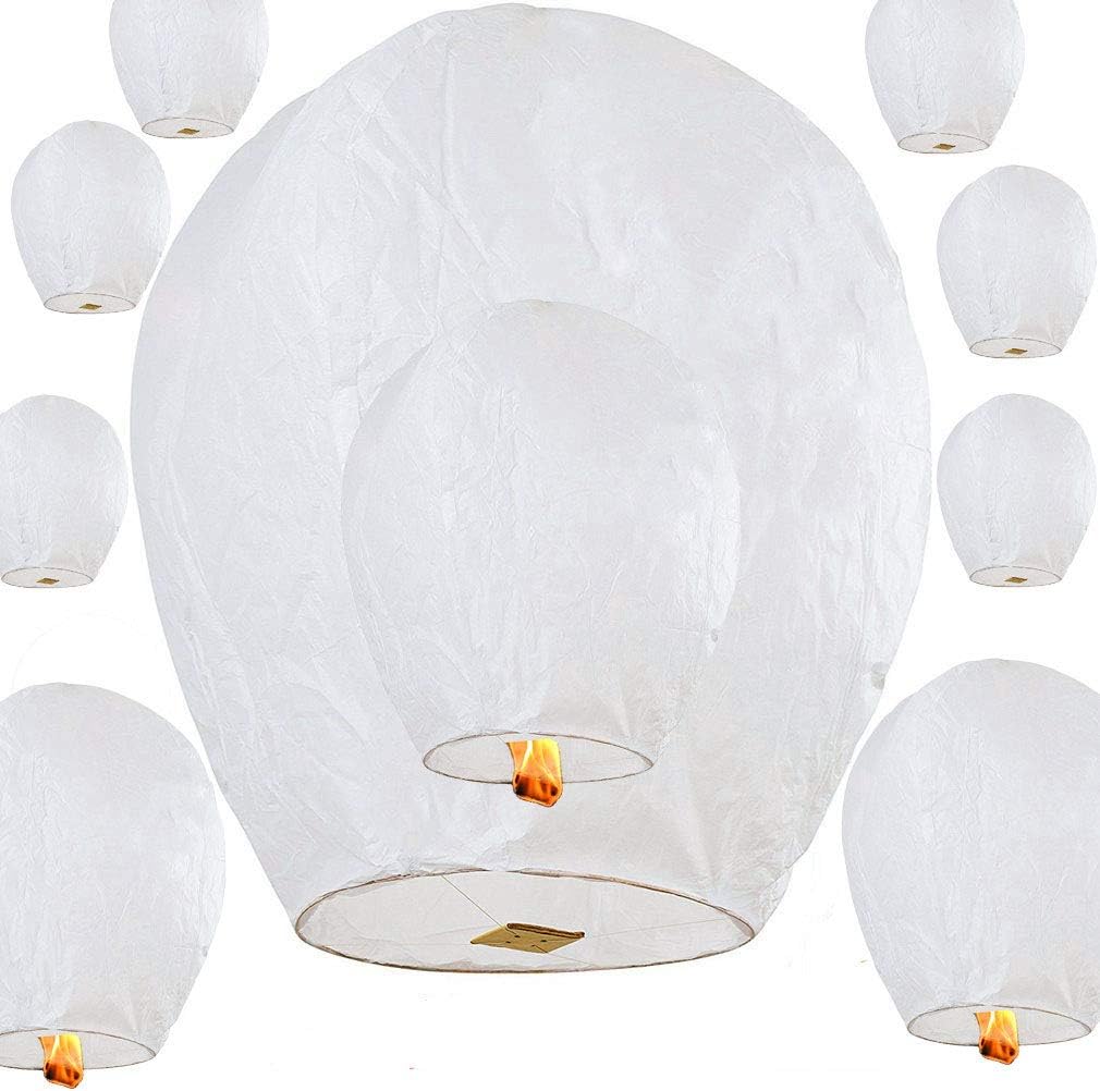 Nuluphu Sky Lanterns 10-Pack, Fully Assembled and100% Biodegradable (No Metal Wire),for Any Birthdays, Parties, New Years,Funeral, Memorial Ceremonies, and More (White)