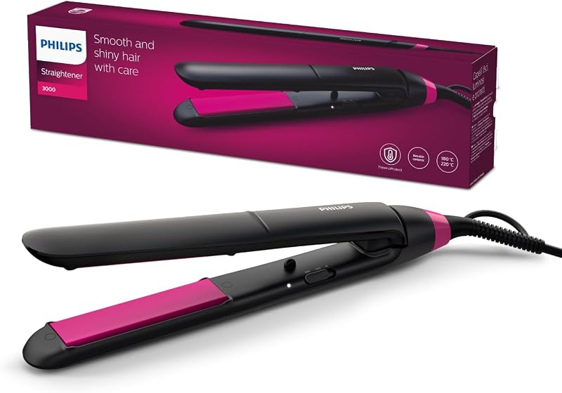 Plancha Alisadora con Placas de Cerámica y Queratina de 100 mm, Cepillo Alisador para Estilizar y Peinar con Tecnología ThermoProtect, hasta 220°C en 1 minuto, en Negro y Rosa, BHS375/00