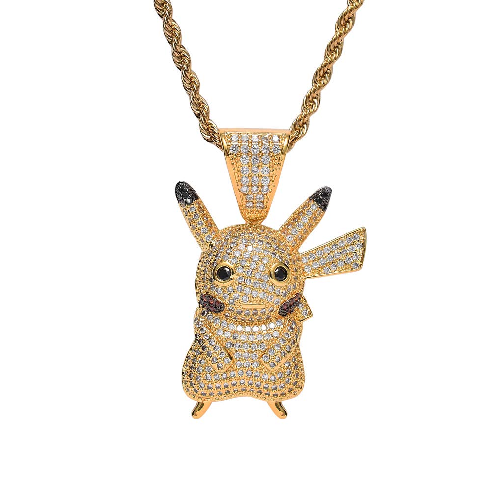 MTCLFTOO Hip Hop Pikachu Pendant Necklace, Jewelry Unisex Iced Out Necklace with Rope Chain+Mala Beads Bracelet Gift for Men Women Kids-Gold