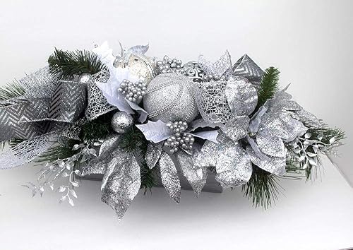 Amazon Com Christmas Table Centerpiece Silver And White Unique Holiday Table Decor Large Christmas Arrangement With Ornaments Floral Arrangement Silver Holiday Arrangement Silver Ribbons Handmade christmas table centerpiece silver