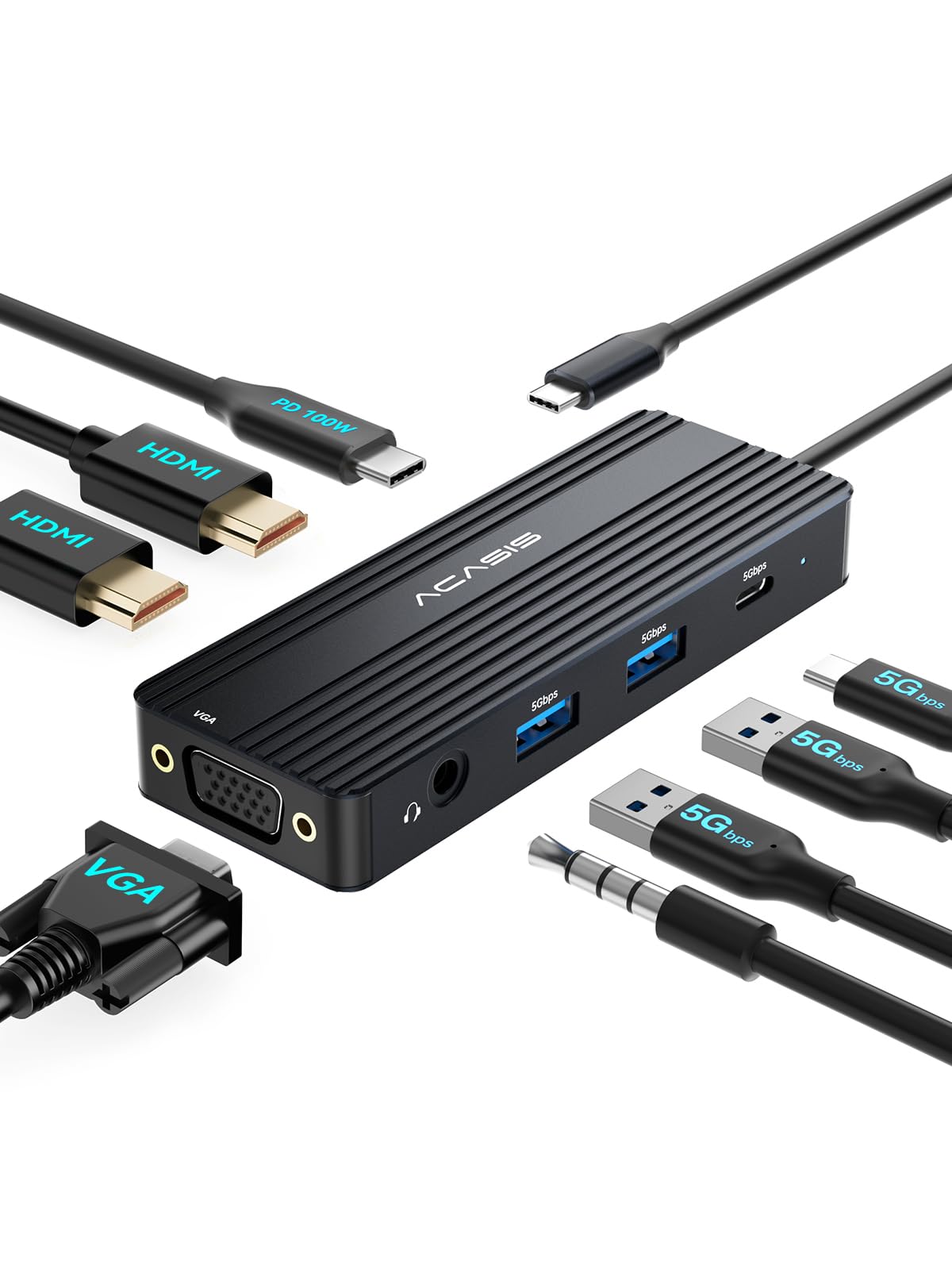 ACASIS USB C Docking Station Dual Monitors,8-in-1 Laptop Docking Station with Dual Monitor 2*HDMI +VGA +3 * 5G USB-A/C+3.5MM Audio+PD100W, Laptop Dock for Dell/HP/Lenovo ThinkPad（Black）