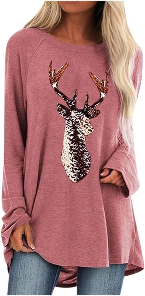 DESIBA Women's Long Sleeve Tops Casual Christmas T-Shirt O-Neck Long Sleeve Shirts Plus Size Sequined Elk Blouse Tops
