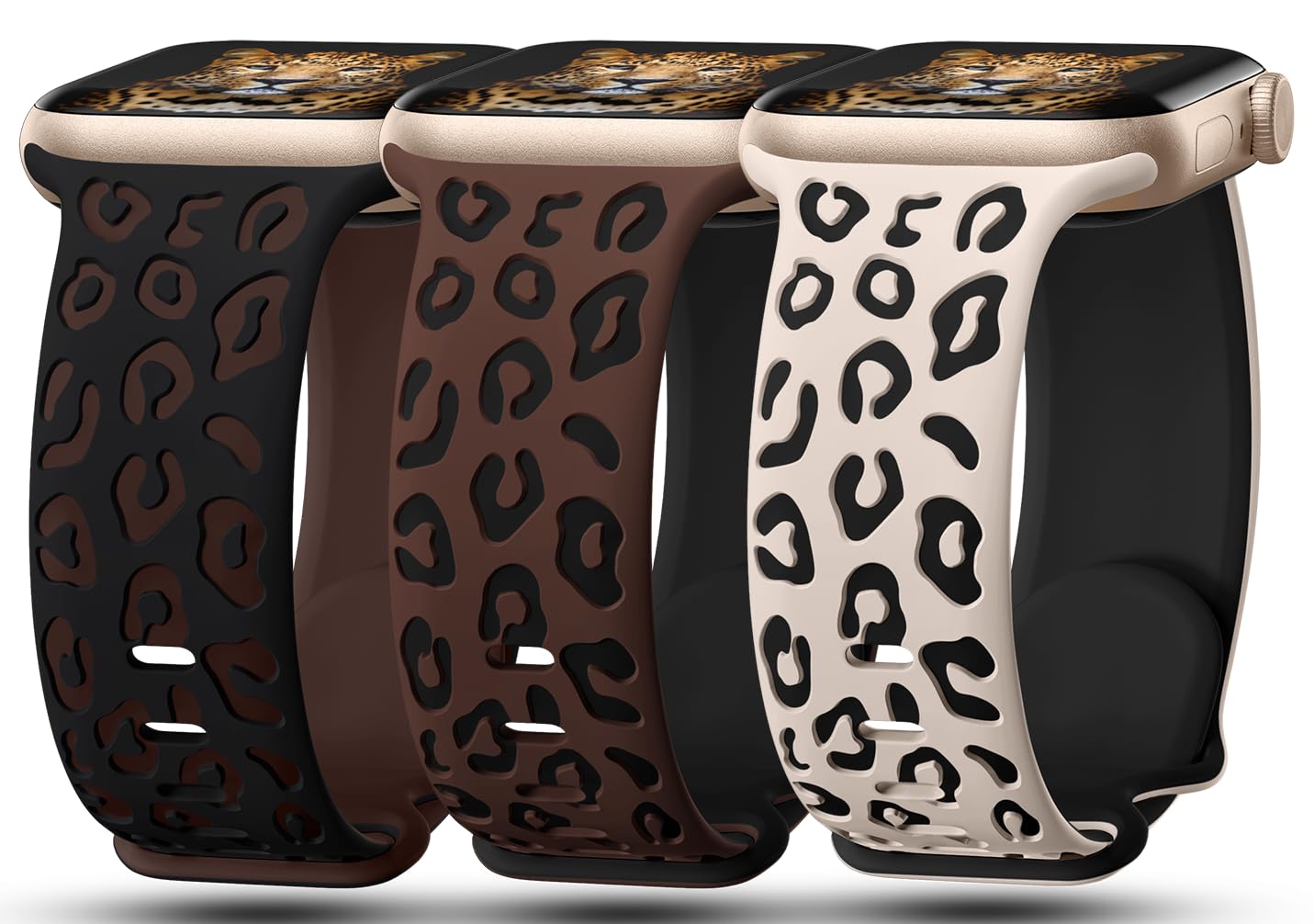 Photo 1 of 3 Pack Leopard Engraved Bands Compatible with Apple Watch Band 41mm 40mm 38mm Women, Soft Silicone Cheetah Embossed Sport Strap for iWatch Series 10 9 8 7 6 5 4 3 2 1 Ultra.BK-CFBK-SLBK
