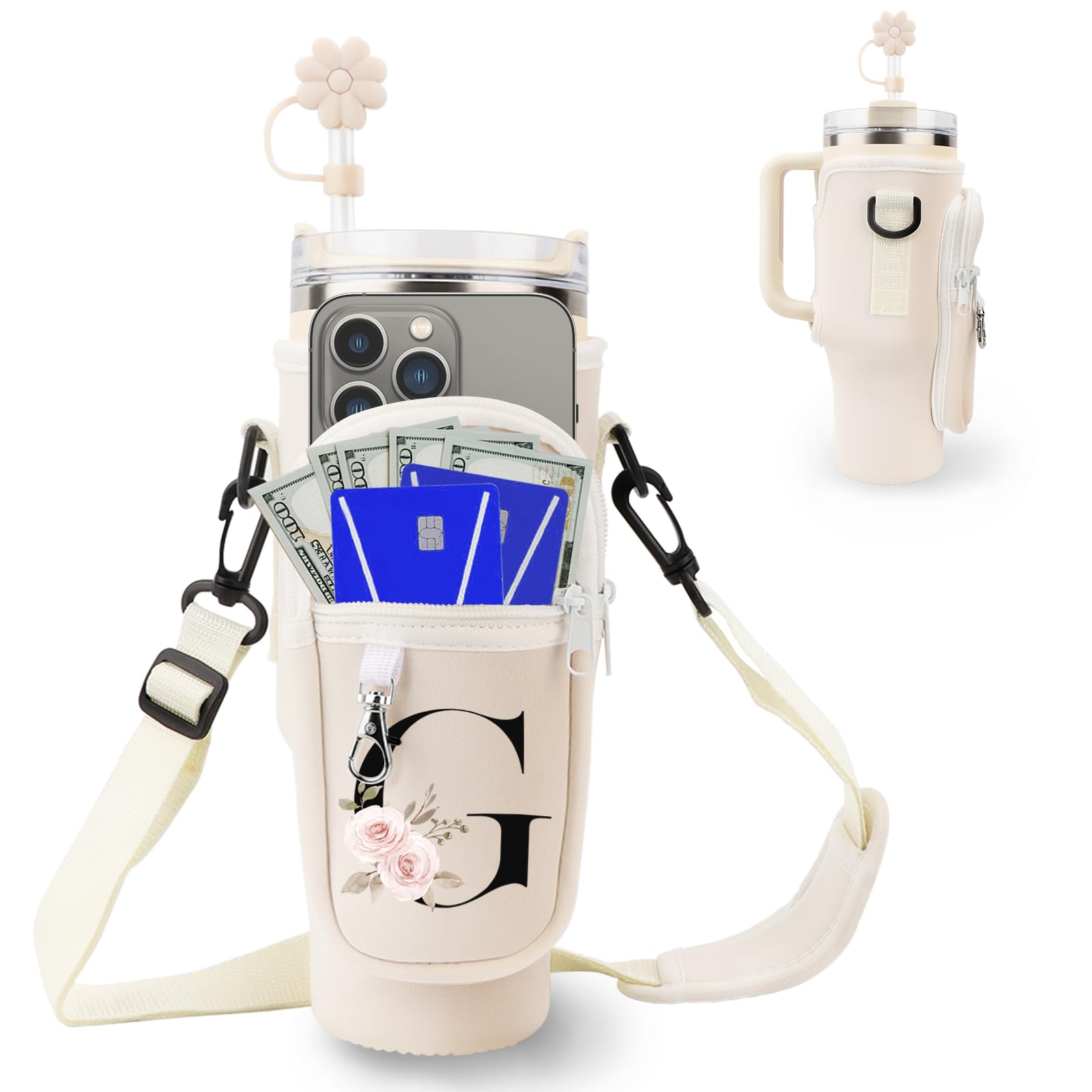 Initial Personalized Water Bottle Bag for Stanley 40oz Tumbler,with Phone Pocket,Neoprene Water Bottle Carrier with Adjustable Strap and Straw Cover & Carabiner,for Stanley Cup Accessories (G)