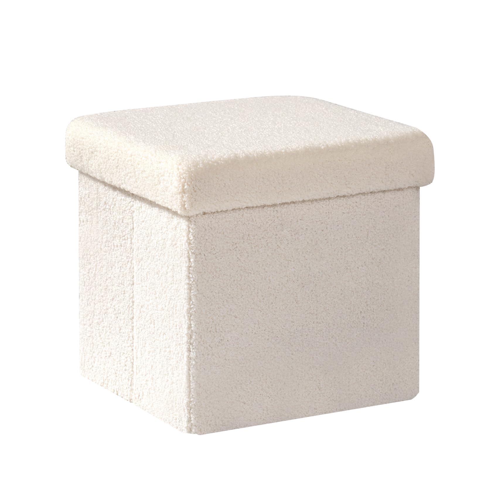 Bonlife Folding Storage Ottoman, Foot Rest Stool Seat Sherpa Ottoman with Storage for Bedroom,Living Room,White,32X32X32cm