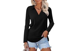 TICTICMISS Women's Long Sleeve Shirts V Neck Tunic Tops Dressy Casual Basic Tees Blouse Loose Collar Polos
