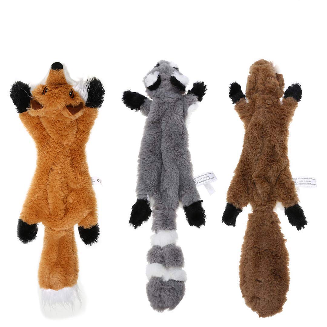 PDTO Stuffingless Dog Toy, Stuffing Free Dog Chew Toys Set with Squirrel Raccoon and Fox Squeaky Plush Dog Toys for Small and Medium Dogs - 3 Packs, 46cm