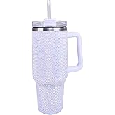 Cupcupmore 40 oz White Bling Rhinestone Stainless Steel Sippy Tumbler Glitter Vacuum Insulated Water Bottle with Straw & Lid &Handle,Sparkle Car Cup Holder,Keeps Cold 12 Hours Drinks,Coffee