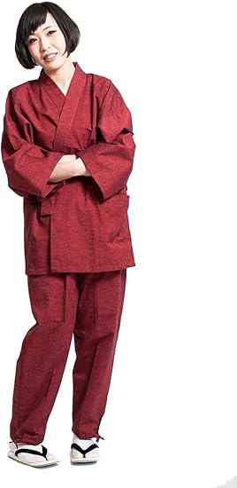 Amazon 作務衣 さむえ レディース 日本製 通年 おしゃれ 久留米 女性 赤 綿 無地 藍紬 紬織 L エンジ 甚平 通販